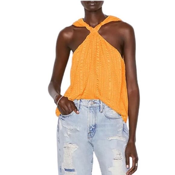 NWT FRAME Draped Textured Silk Sleeveless Halter Top In Kumquat $378 size XS - Picture 1 of 15